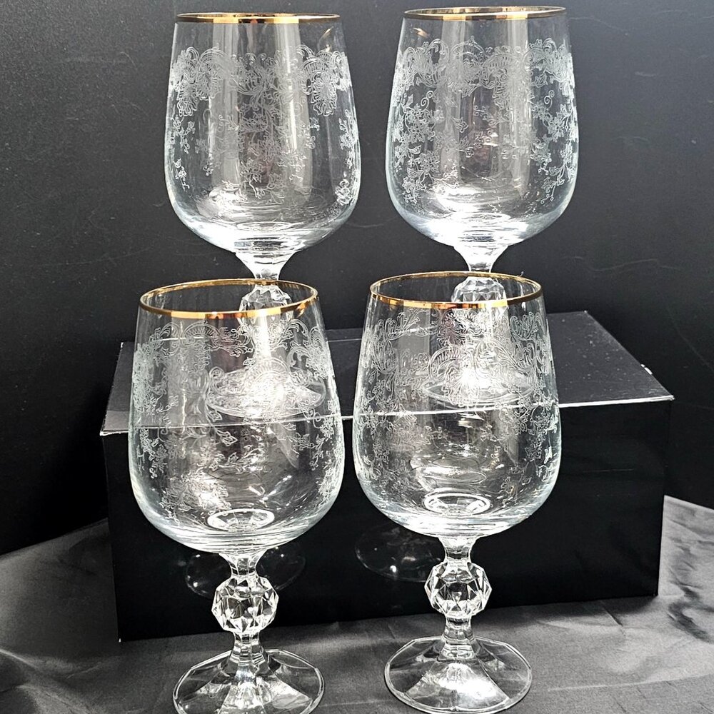 4 Crystalex Queens Lace Water Glasses 6.5" handblown Bohemia Crystal etched glas
